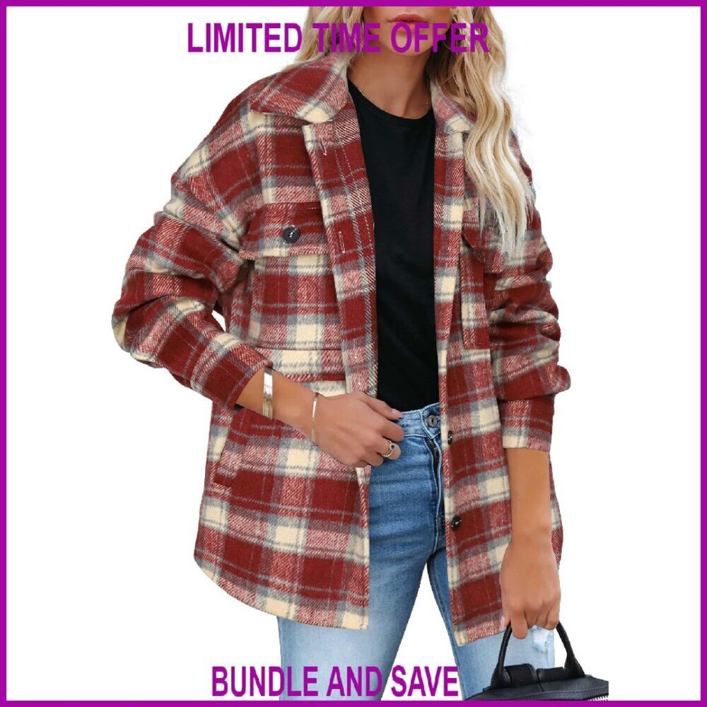 Oversized Flannel Shacket with Side Pockets, Button Down Shirt Jacket